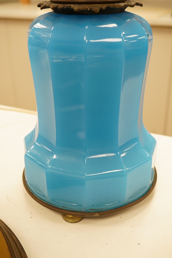 A French blue glass table lamp, 57cm high excluding the fitting. Condition - fair to good untested